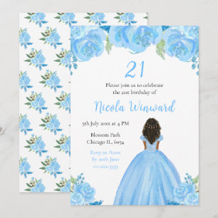 Invitation Peau foncée Princesse Florale Bleue Fête d'anniver