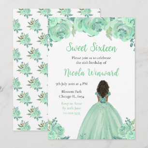 Invitation Peau foncée princesse Mint Sweet sixteen floral