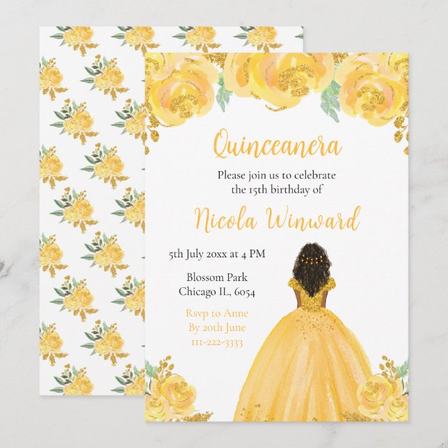 Invitation Peau foncée princesse or Floral Quinceanera (Devant / Derrière)
