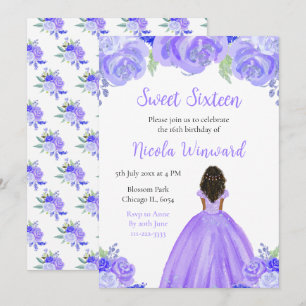 Invitation Peau foncée princesse Sweet sixteen floral violet