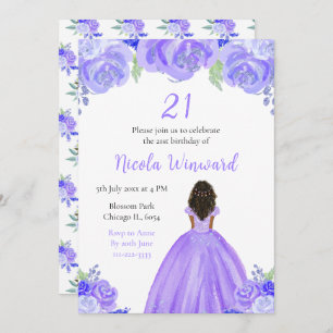 Invitation Peau foncée princesse violet florale fête d'annive