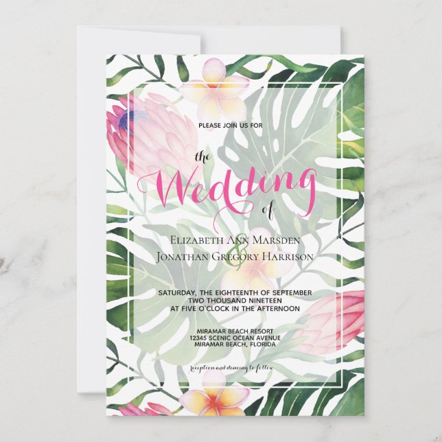 Invitation Peau rose tropicale Verdure Mariage floral (Devant)
