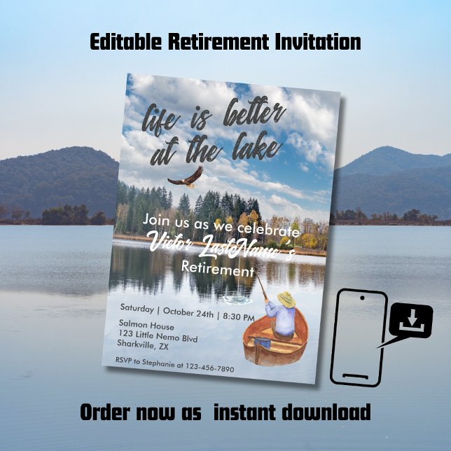Invitation Pêche à la retraite à l'aquarelle du lac (Créateur téléchargé)