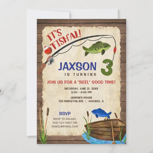 Invitation Pêche à l'extérieur, garçon de 3 ans rustique (Devant)