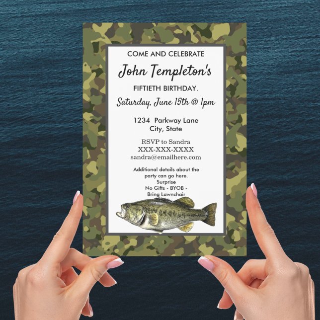 Invitation Pêche adulte robuste Anniversaire Homme Camo Fish  (Créateur téléchargé)