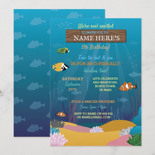 Invitation Pêche Anniversaire Reel Rod Sea Ocean Lake (Devant / Derrière)