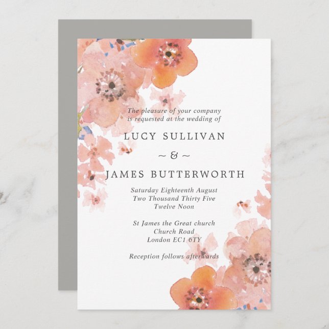 Invitation Pêche aquarelle et Mariage floral gris (Devant / Derrière)