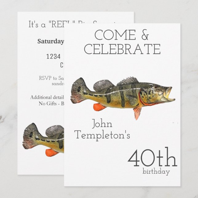 Invitation Pêche au bar Peacock Anniversaire masculin adulte  (Devant / Derrière)