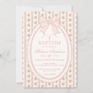 Invitation Pêche & Beige Vintage Floral Élégant Baptême