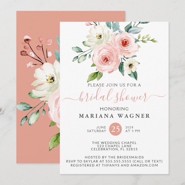 Invitation Pêche blanc Aquarelle Fête des mariées florale Inv (Devant / Derrière)