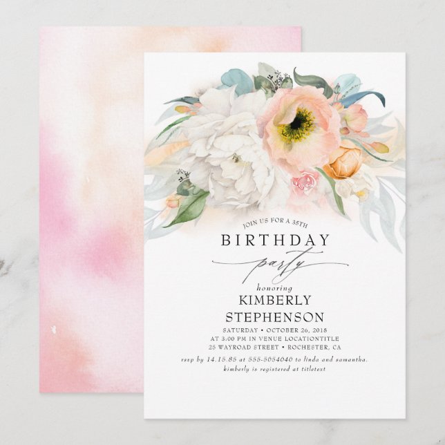Invitation Pêche blanc et rose Floral Bohème Anniversaire (Devant / Derrière)