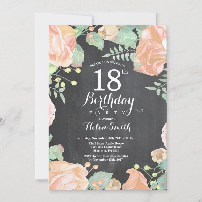 Invitation Pêche botanique Florale 18e anniversaire Invitatio (Devant)