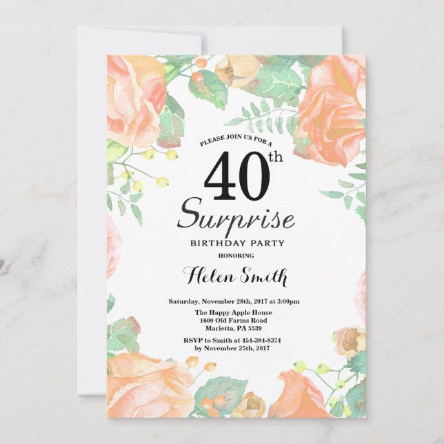 Invitation Pêche botanique Florale Surprise 40e anniversaire (Devant)
