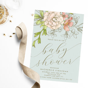 Invitation Pêche botanique vintage et Baby shower floral bleu