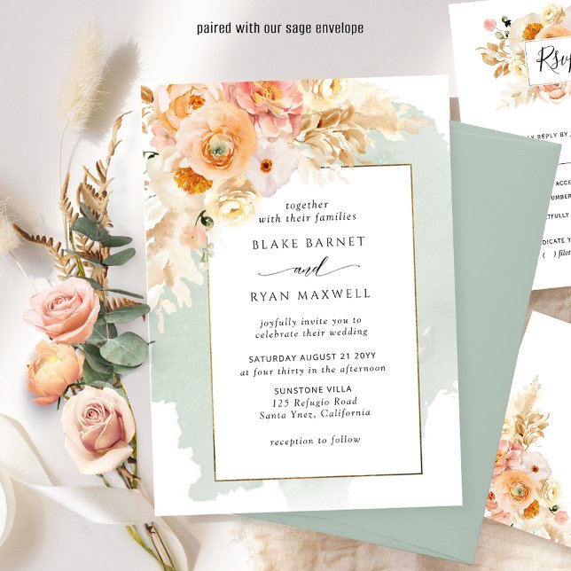 Invitation Pêche Chic, Blush, Champagne, Mariage Floral Sage (Créateur téléchargé)