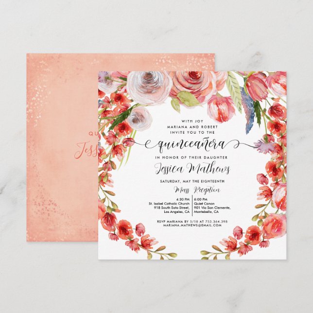 Invitation Pêche Coral Floral Parties scintillant Quinceañera (Devant / Derrière)