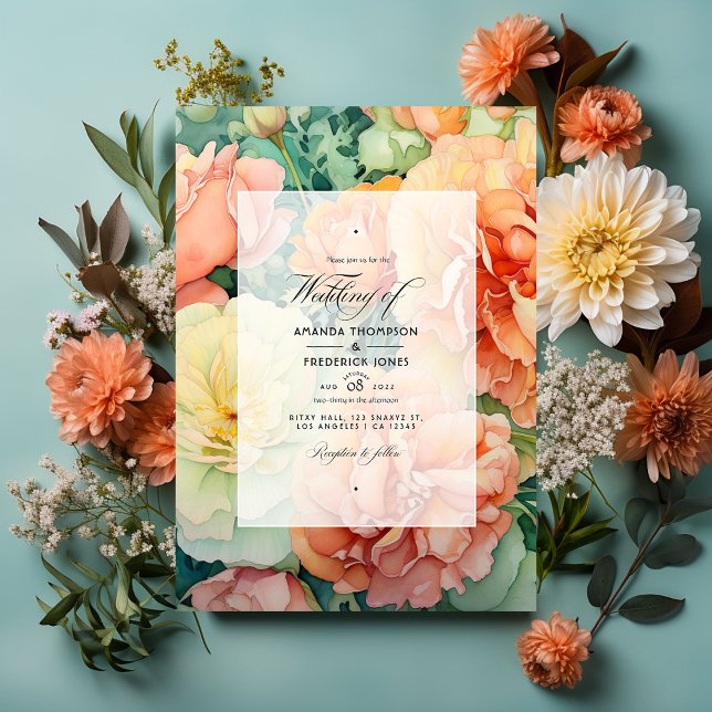 Invitation Pêche, crème et Mariage floral vert de mer (Créateur téléchargé)