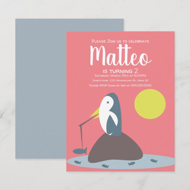 Invitation Pêche de pingouin moderne filles nautiques Anniver (Devant / Derrière)