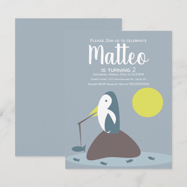 Invitation Pêche de pingouin moderne Océan nautique Anniversa (Devant / Derrière)