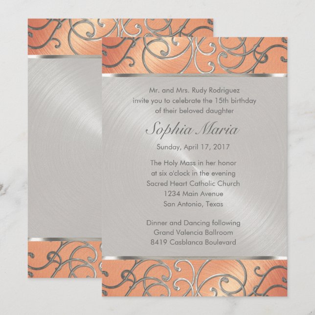 Invitation Pêche de Quinceanera et perruques de Filigree d'ar (Devant / Derrière)