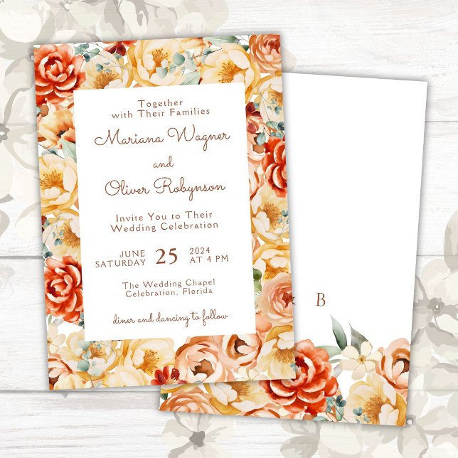 Invitation Pêche de rouille Beige Blanc Romantique Mariage fl (Créateur téléchargé)
