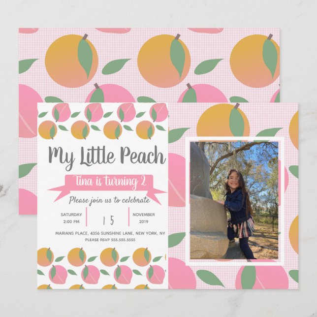 Invitation Pêche d'été Motif Fruit fête d'anniversaire Photo (Devant / Derrière)