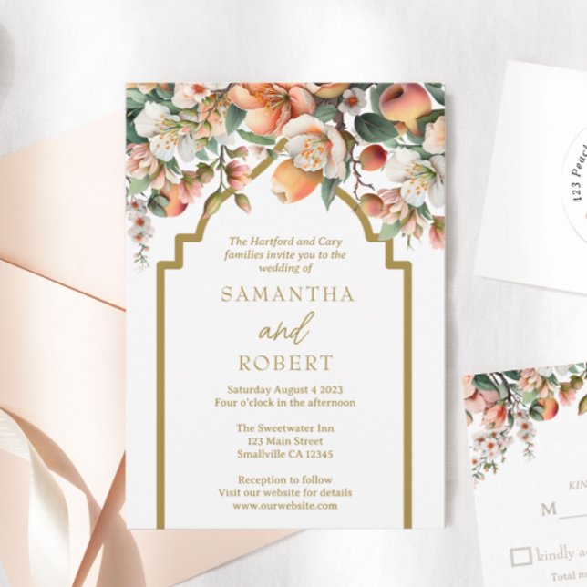 Invitation Pêche du Sud et Mariage Floral d'or (Créateur téléchargé)