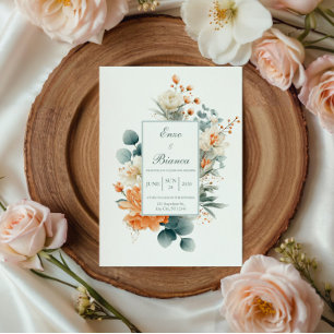 Invitation Pêche Élégante Eucalyptus Blanc Tacheté Or