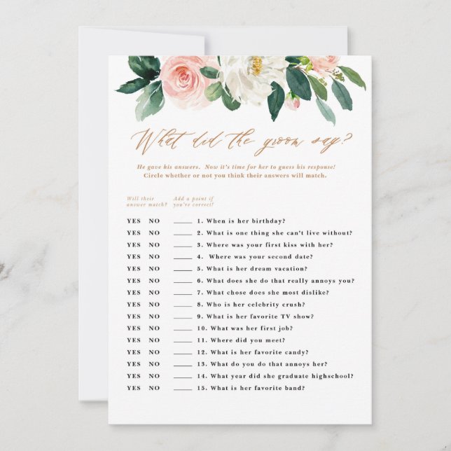 Invitation Pêche et blanc Floral Groom dit jeu (Devant)