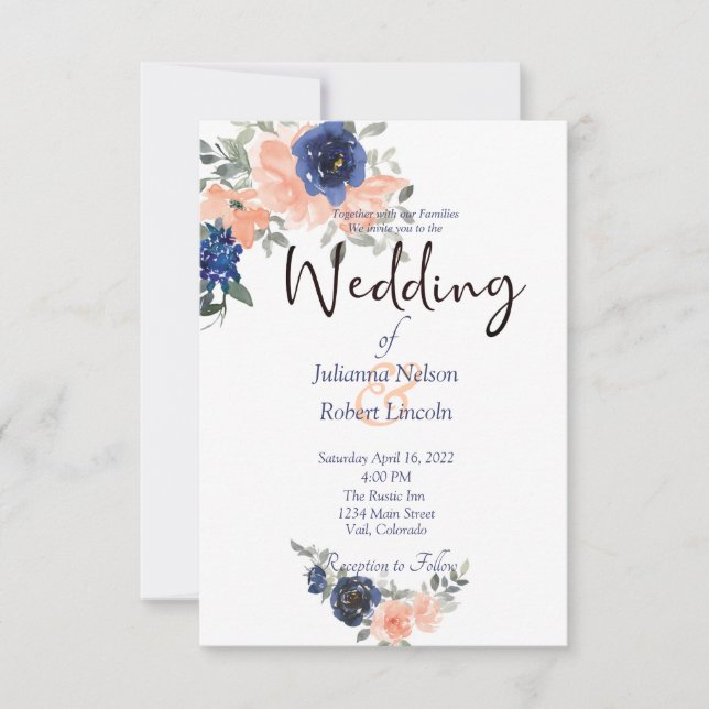Invitation Pêche et bleu aquarelle mariage florale invitatiat (Devant)