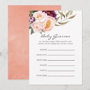Invitation Pêche et Bourgogne Baby shower Floral Guesser Jeu