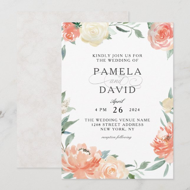 Invitation Pêche et crème Aquarelle Mariage floral (Devant / Derrière)