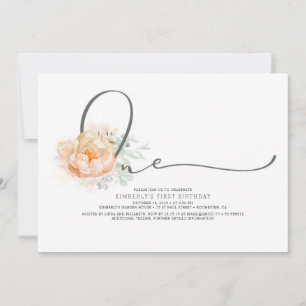 Invitation Pêche et crème Florale Élégante 1er anniversaire