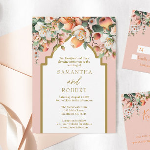 Invitation Pêche et or Aquarelle Mariage Floral