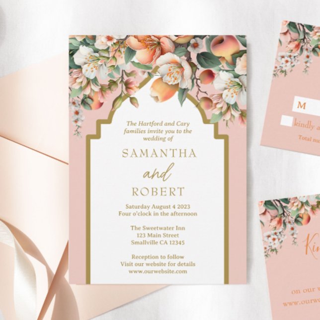 Invitation Pêche et or Aquarelle Mariage Floral (Créateur téléchargé)