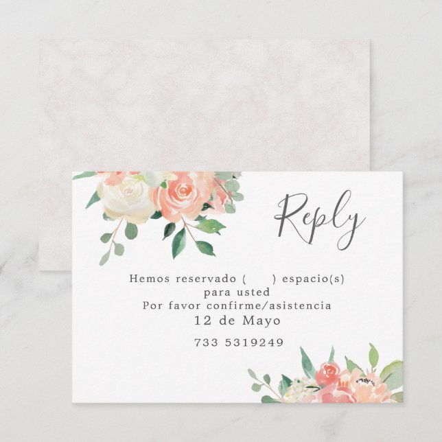 Invitation Pêche et rose Aquarelle Mariage floral RSVP Invi (Devant / Derrière)