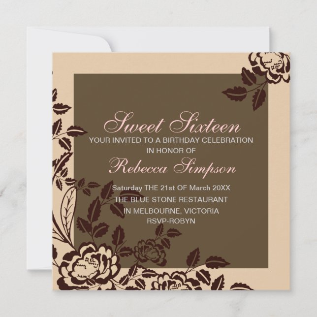 Invitation Pêche et Rose Brown Sweet 16 Anniversaire Invitati (Devant)