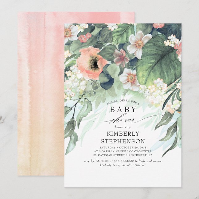 Invitation Pêche et rose Floral Baby shower élégant (Devant / Derrière)