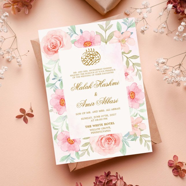 Invitation Pêche et rose Floral Or Design Mariage islamique (Créateur téléchargé)