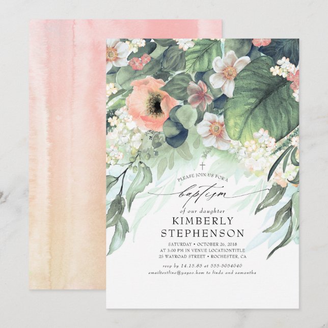 Invitation Pêche et rose pâle Floral Élégant Baptême (Devant / Derrière)