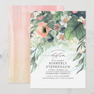 Invitation Pêche et rose pâle Floral Élégant Baptême