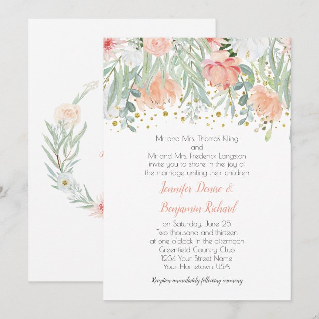 Invitation Pêche et vert Floral Mariage d'éclaboussures (Devant / Derrière)
