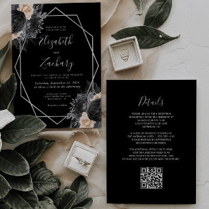 Invitation Pêche Floral Noir Cadre Argent Code QR Mariage