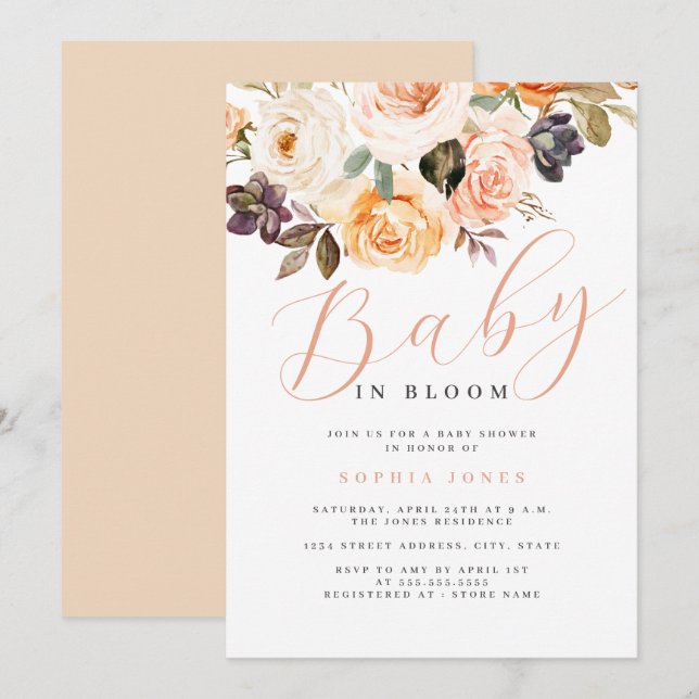 Invitation Pêche florale bébé dans le Baby shower en fleur (Devant / Derrière)