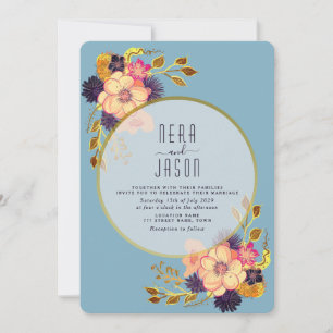 Invitation Pêche florale Boho moderne et Mariage bleu