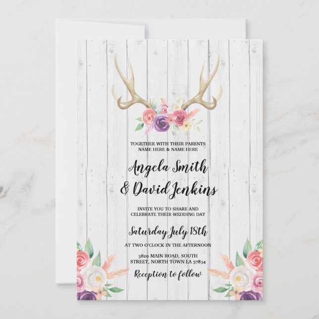 Invitation Pêche florale de mariage d'andouillers rustiques (Devant)