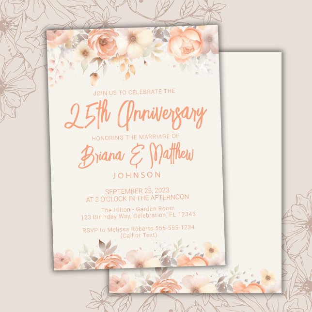 Invitation Pêche Florale d'ivoire beige 25e anniversaire Mari (Créateur téléchargé)