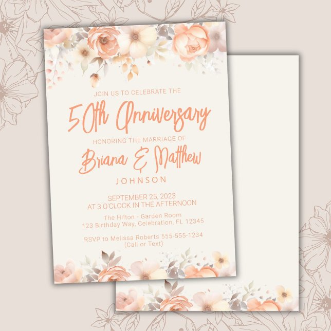 Invitation Pêche Florale d'ivoire beige 50e anniversaire de M (Créateur téléchargé)