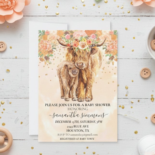 Invitation Pêche Florale Highland Vache Baby shower de veau (Créateur téléchargé)