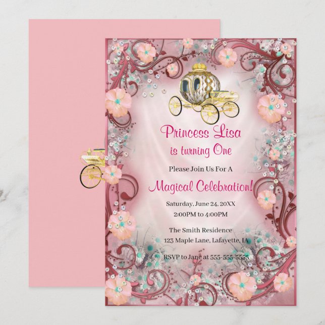 Invitation Pêche Florale Princesse enchantée 1er anniversaire (Devant / Derrière)